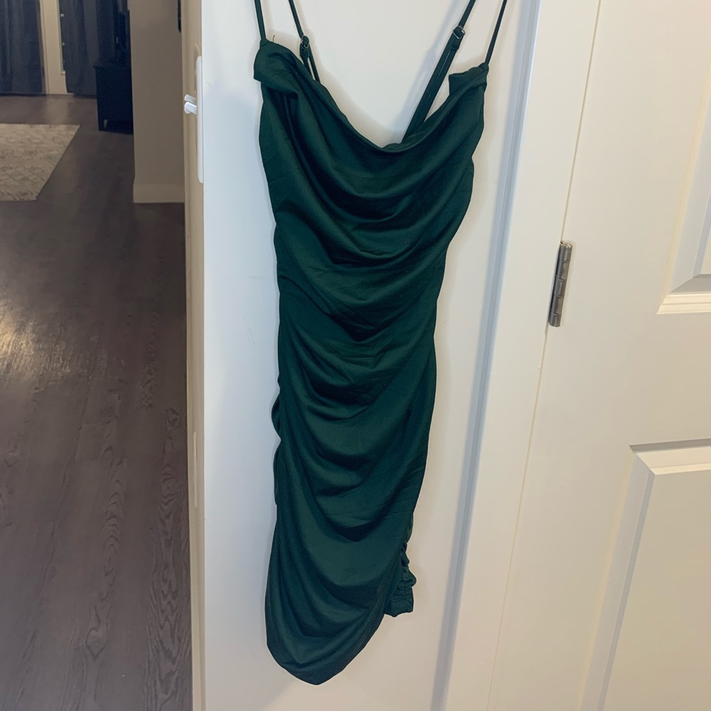 Emerald cowl neck cross back mini dress